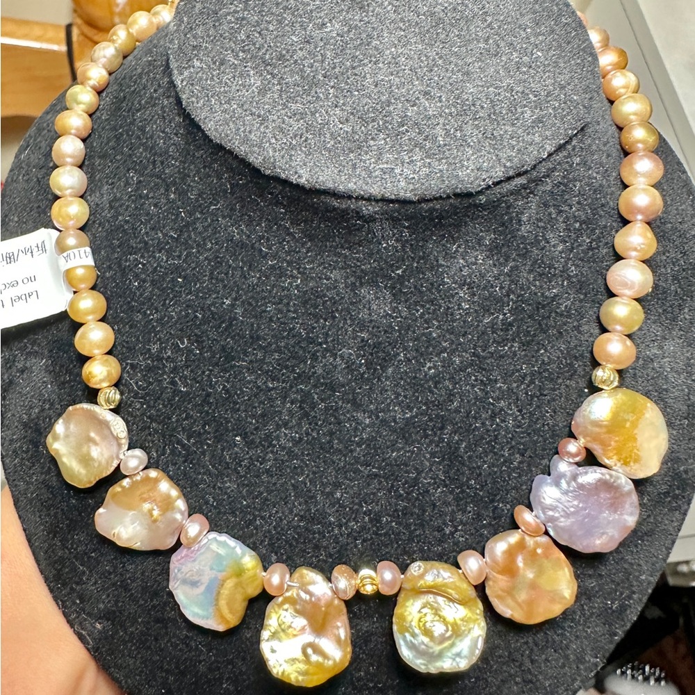 Multi-color Baroque Pearl Necklace with Gold and Cream Hues #J3 length